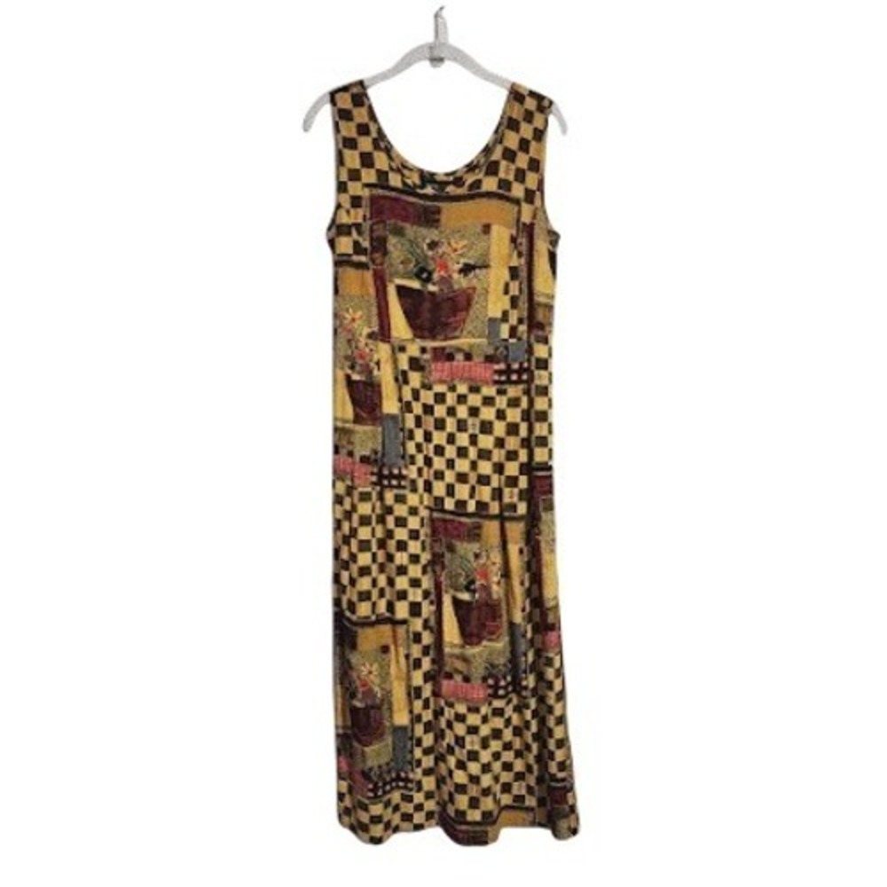 90s Jams World Rayon Maxi Dress Garden Party Checkerboard Floral Golden XS